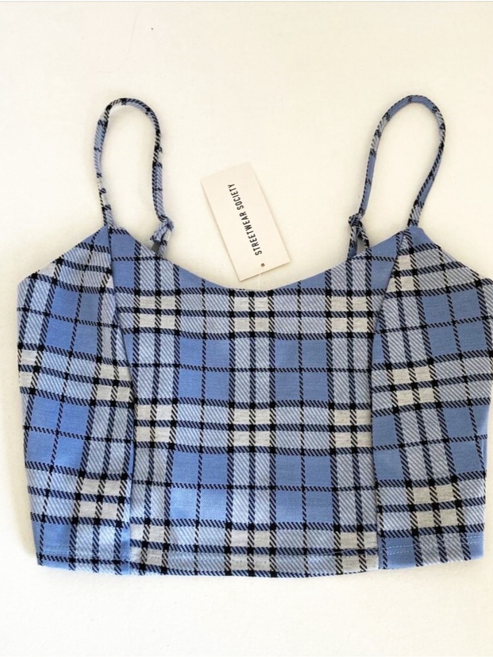 STREETWEAR SOCIETY Baby Blue Plaid Crop Top Adjustable Straps NWT